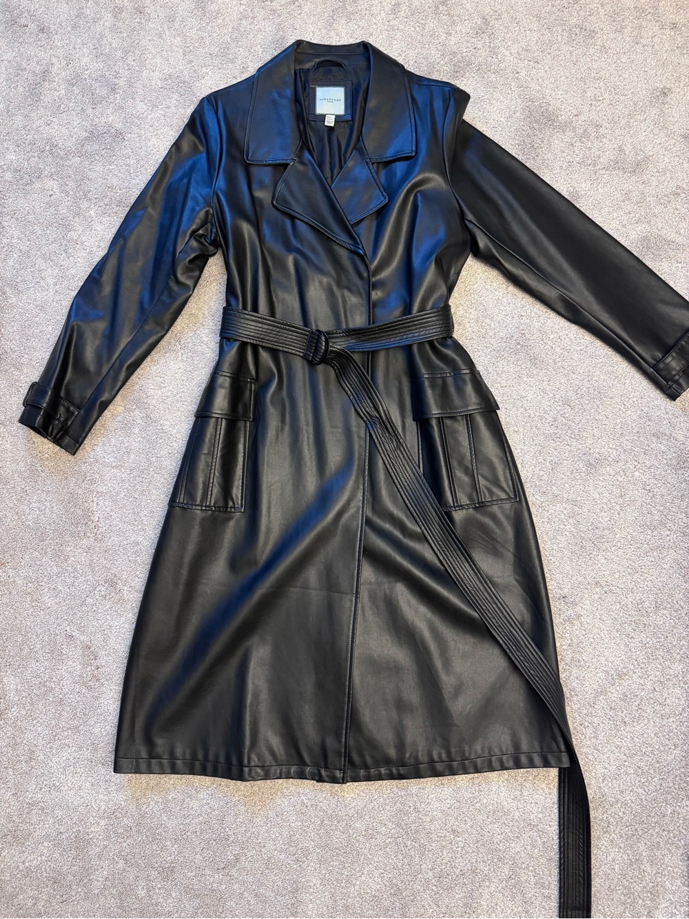 Faux Leather Trench Coat - Black